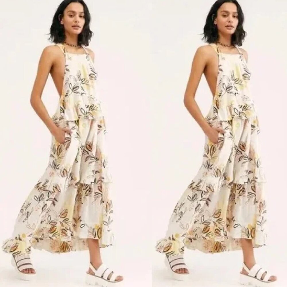 Free People Ivory Leaves Multi Print Anita Tiered Maxi Dress